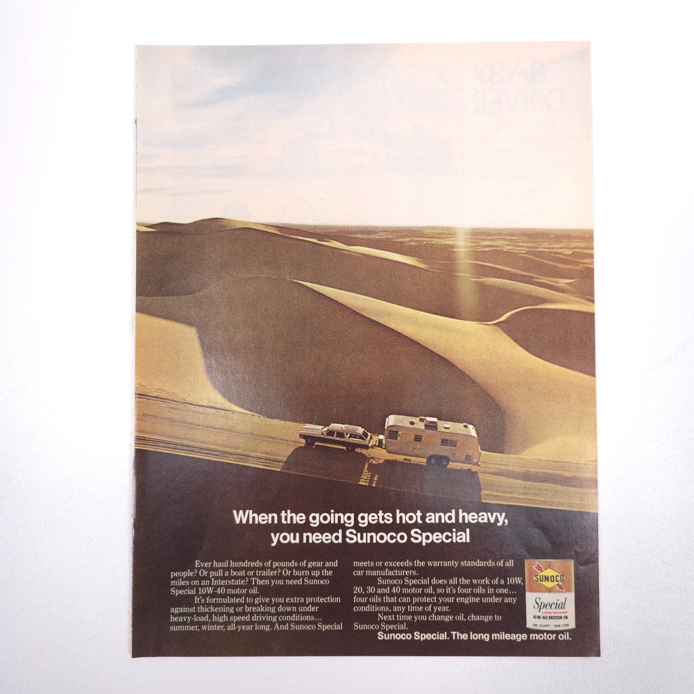 Sunoco Special Desert High Mileage Motor Oil Vintage Print Ad Truck Camper Art
